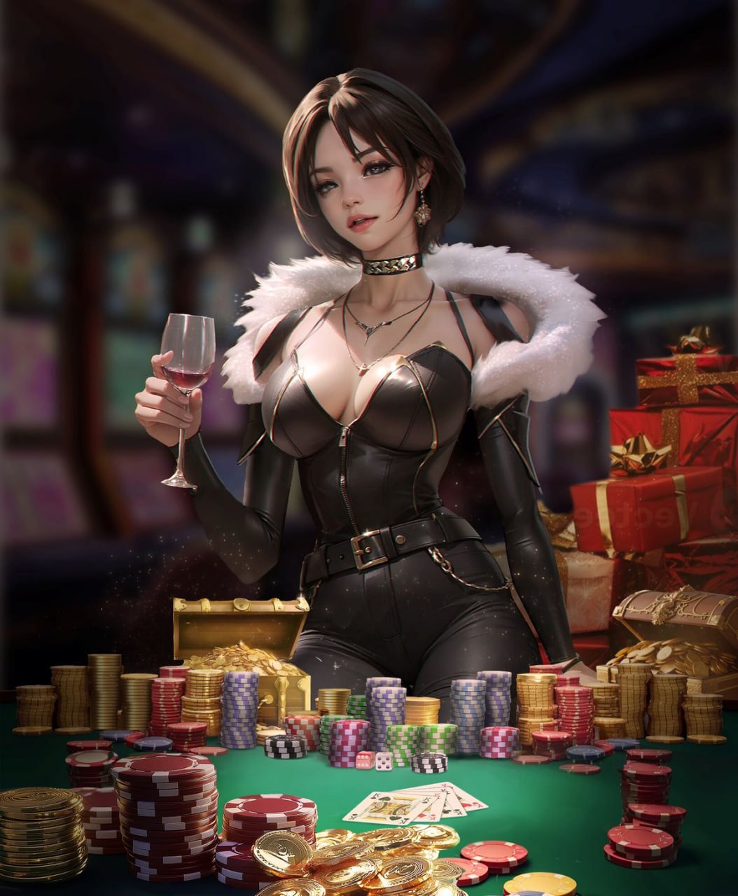 Dealer profesional melepaskan dadu dalam wadah kaca